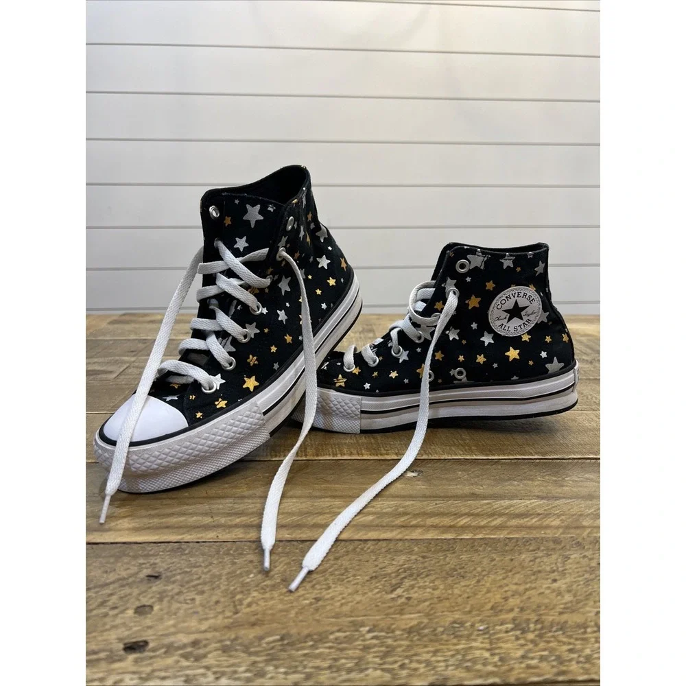 Chuck Taylor All Star Platform Lift Sparkle Sneakers Size 4 Gold & Silver Stars